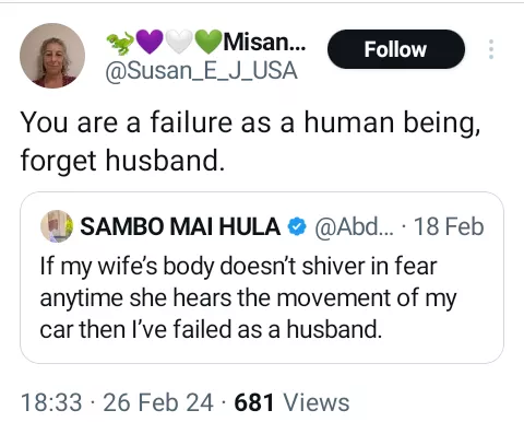 American woman slams Nigerian man for saying he has failed as a husband if his wife's body doesn't shiver in fear anytime she hears the sound of his car
