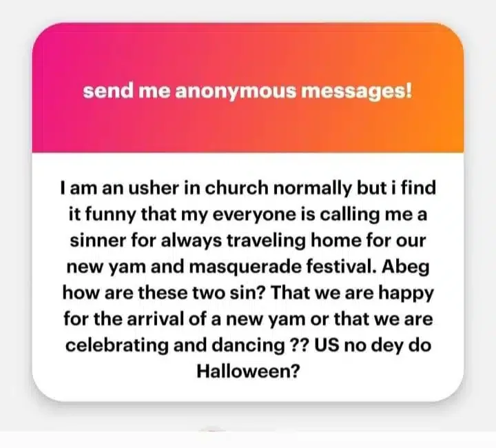 Church usher laments being called 'sinner' for traveling home for New Yam and Masquerade festival