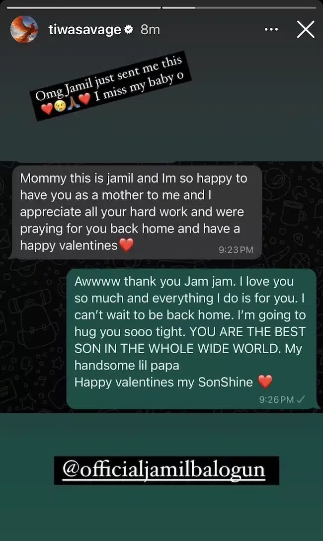 Tiwa Savage almost moved to tears following cute text from son, Jamil ahead of Valentine