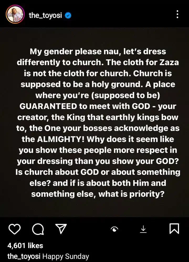 Toyosi cautions ladies over indecent dressing to church