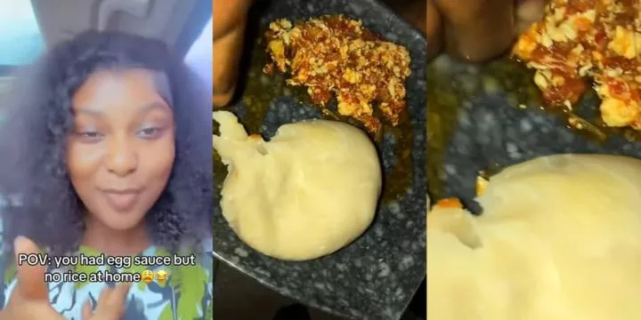 Lady shocks internet by eating fufu with egg sauce after running out of rice, video goes viral