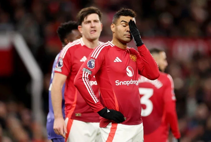 Casemiro of Manchester United looks dejected during the Premier League match between Manchester United FC and Newcastle United FC at Old Trafford o...