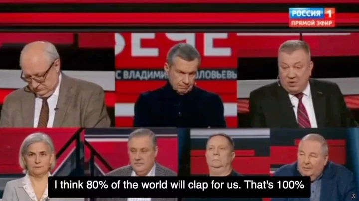 Screenshot of a Russian television panel discussion, featuring Andrey Gurulev, where he claims 80% of the world will support Russia.