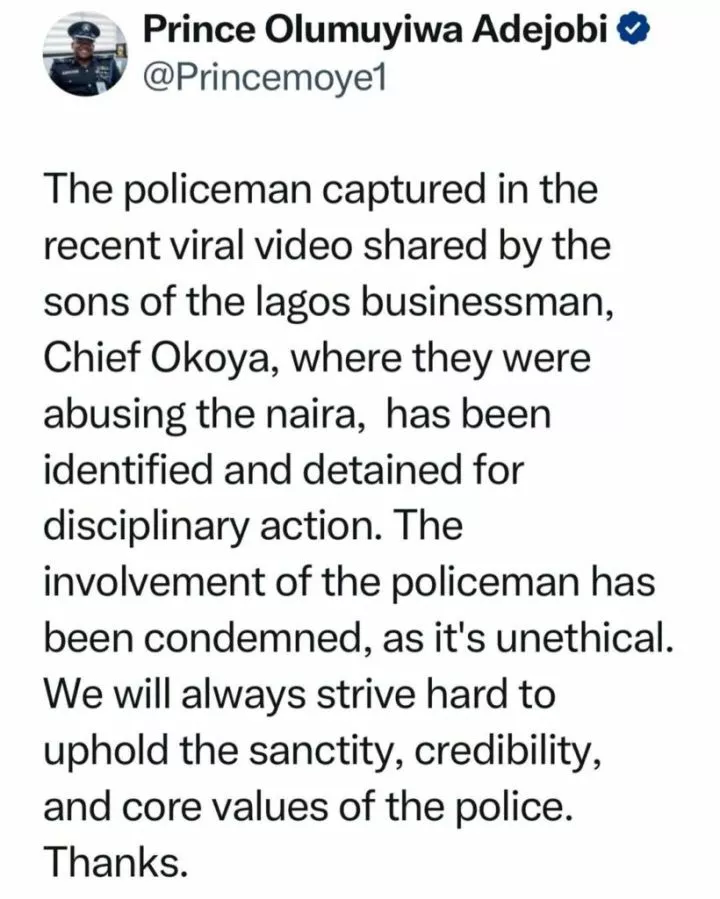 Policeman captured in viral video abusing Naira, detained - NPF