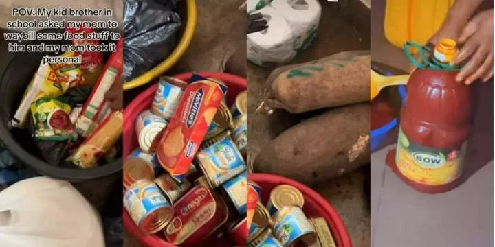 "Him wan open shop?" - Lady shows off foodstuffs her mother bought to way bill to her junior brother at school