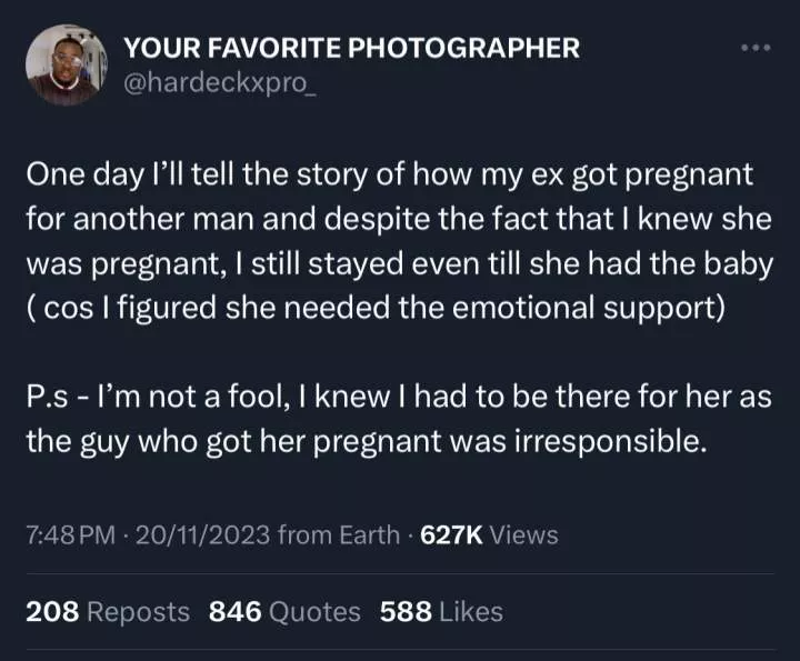 Photographer faces backlash after revealing how he stood by his girlfriend when she was pregnant with another man
