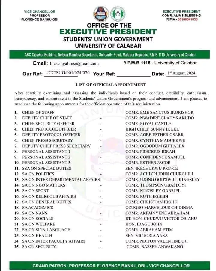 UNICAL first female SUG President appoints 50 aides