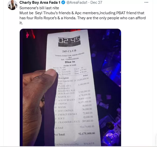 Charly Boy baffled as he shares N92M bill a big man spent at club in one night