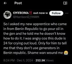 Man shocked as 24-year-old apprentice from Benin Republic can't refuel a generator