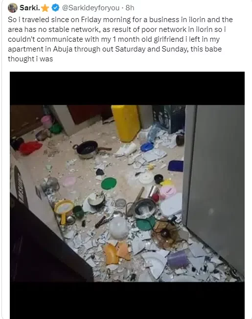'You thought I went to cheat' - Man shocked as his one-month girlfriend destroys his apartment upon his return from a business trip