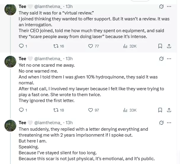 Lady accuses aesthetic clinic of permanent scar following skincare treatment