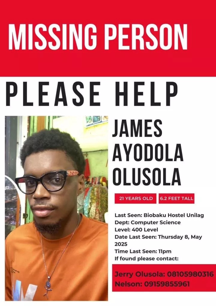 Family Begs Nigerians to Help Find Missing UNILAG Final Year Student