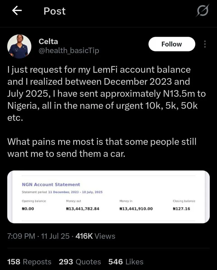 Abroad-based Nigerian shocked after finding out she sent ₦13.4m to Nigeria in 19 months