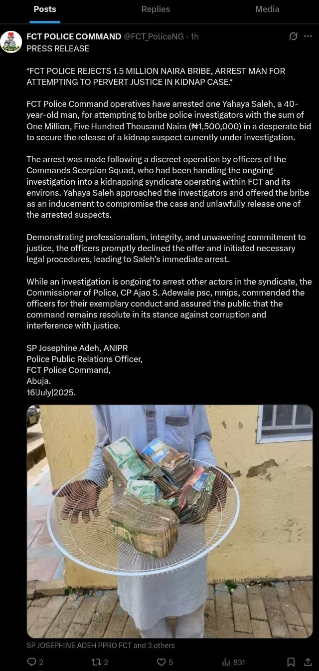 FCT Police arrest man for offering ₦1.5m bribe to release kidnap suspect