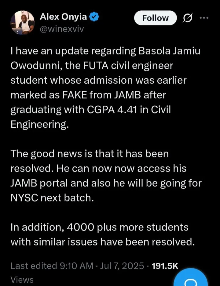 FUTA graduate Basola Jamiu cleared by JAMB after fake admission case; over 4,000 similar cases resolved