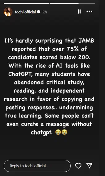 Tochi blames students' poor JAMB scores on overreliance on AI tools