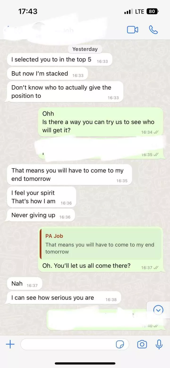 'This is really absurd' - Lady exposes chat with job hiring manager who asked her to come over to his crib