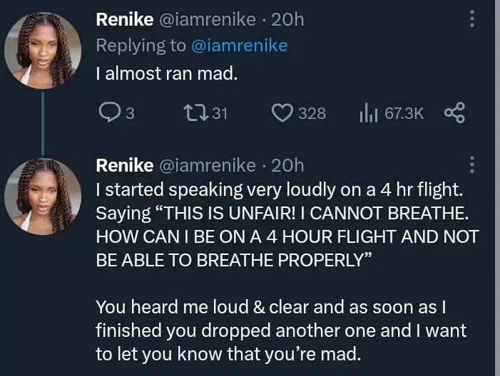 'This is unfair, I couldn't breathe' - Lady calls out co-passenger for farting all through flight from Lagos to Casablanca