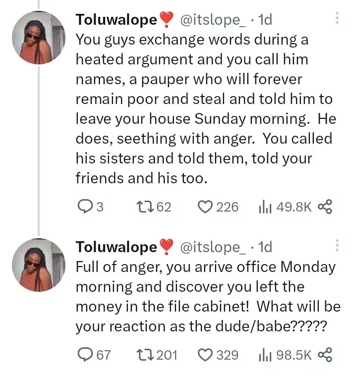 Lady seeks advice after 'mistakenly' accusing unemployed fiancé of stealing N150K