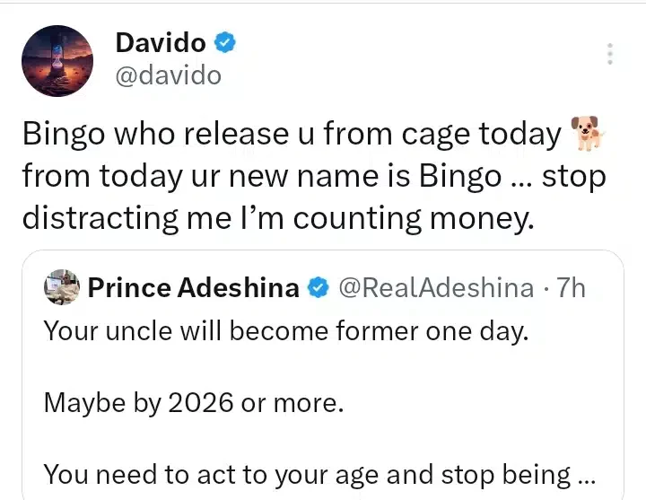 'Bingo, stop distracting me; I'm counting money' - Davido blasts man as they trade words on Twitter