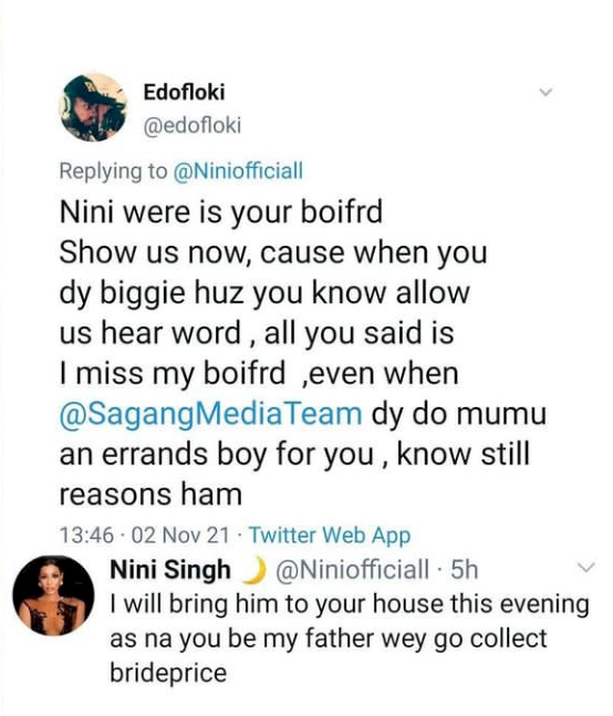 Reality star, Nini replies curious fan asking to see the 'Boyfriend' she mentioned in BBNaija house