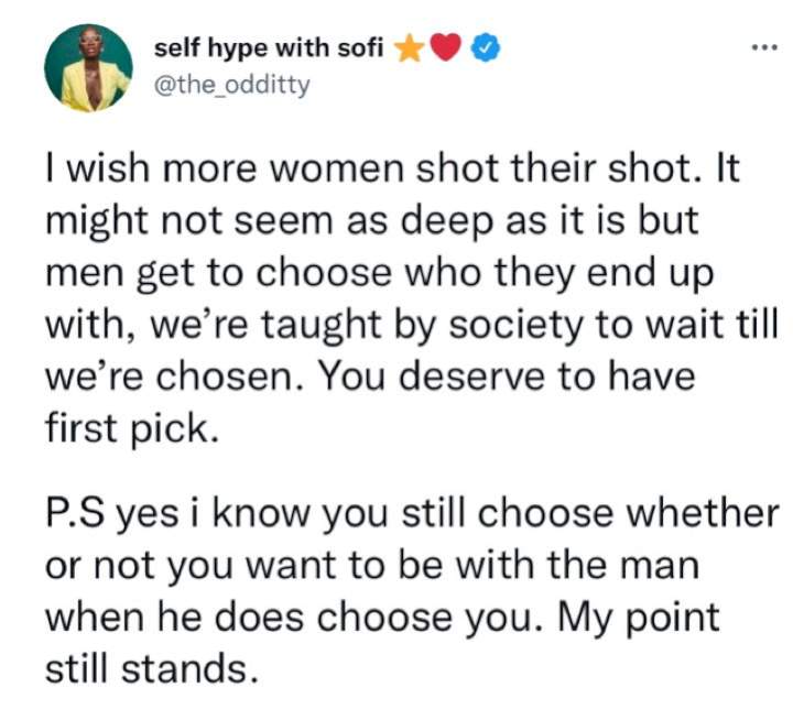 'Women should be the ones asking men out' - Lady insists