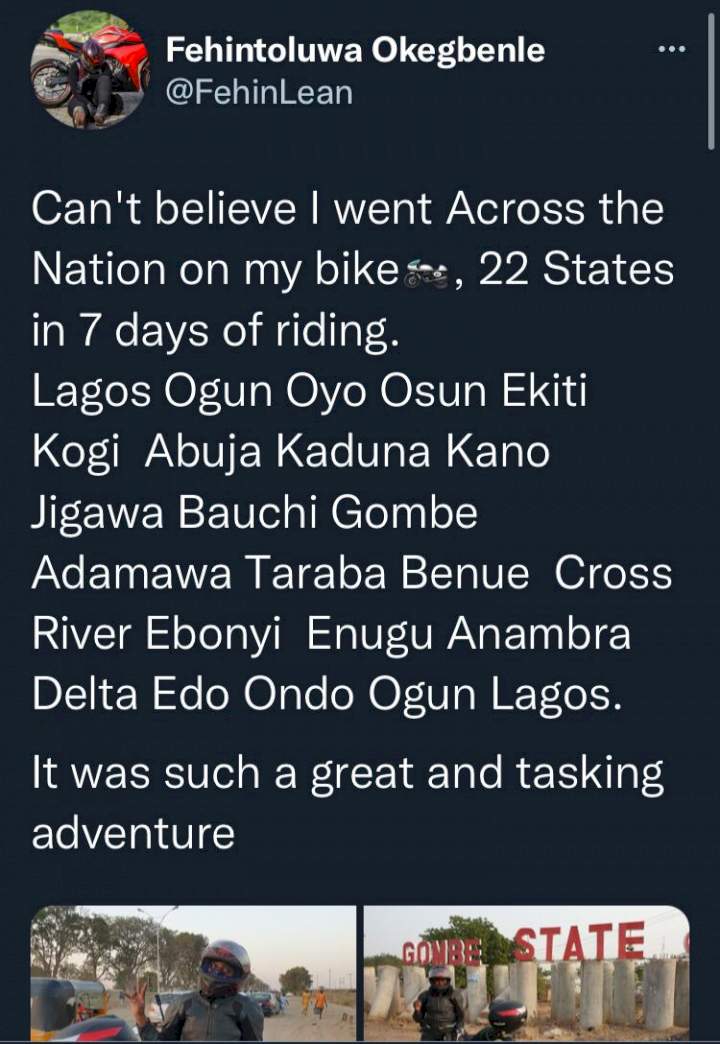 Lady travels across 22 states in Nigeria on bike in seven days