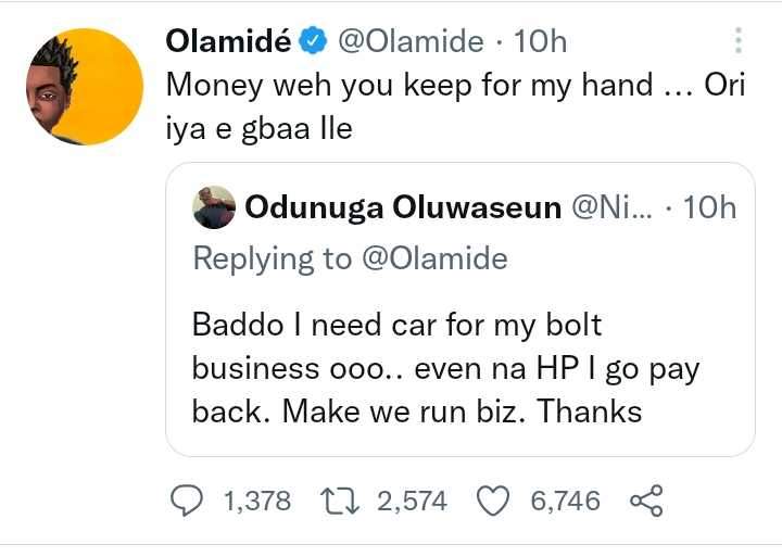 Reactions as Olamide replies fan who asked him for a car