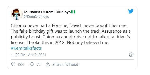 “Davido never bought Chioma a Porsche, it was fake gift” – Kemi Olunloyo reveals