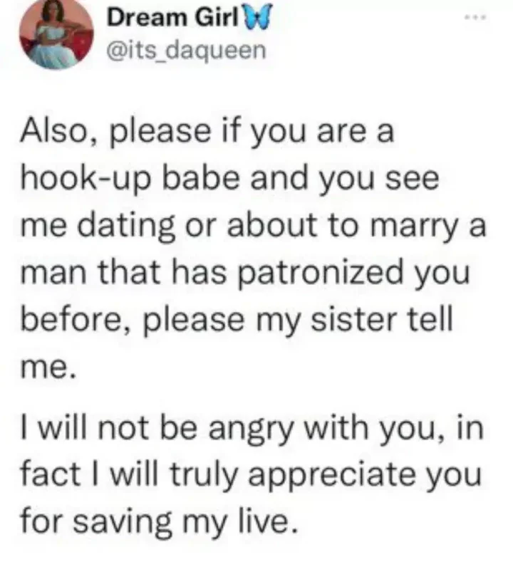 Lady gives her stance on men who patronize hook-up babes