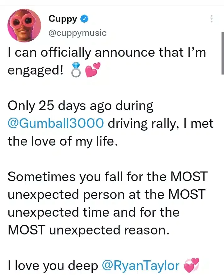 DJ Cuppy reveals she met her fiancé, Ryan Taylor, 25 days ago