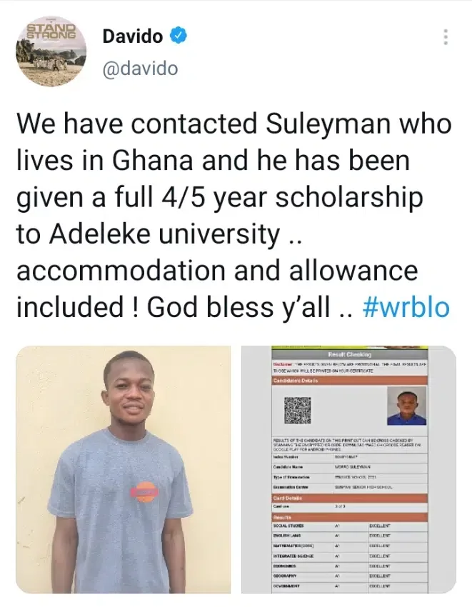 Davido offers full scholarship to young boy who got parallel A1 in WAEC