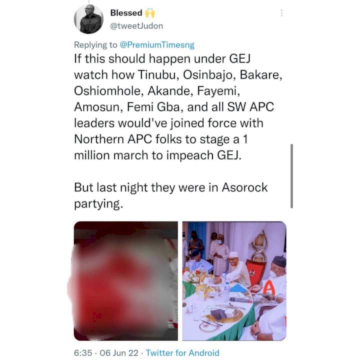 Nigerians kick as President Buhari hosts APC leaders to dinner hours after Owo church massacre