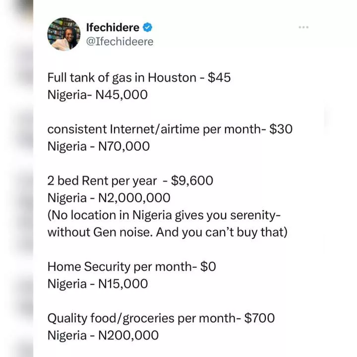 Now, where do you have a better/cheaper standard of living? - Nigerian lady asks as she compares cost of living in Nigeria and the U.S.