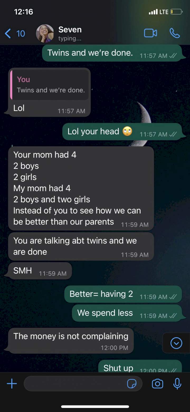  Interesting conversation between a Nigerian man and his wife on the number of kids they should have