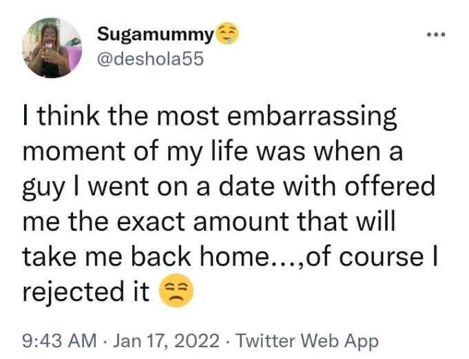 Lady narrates embarrasing experience after receiving N200 as transport fare from her date