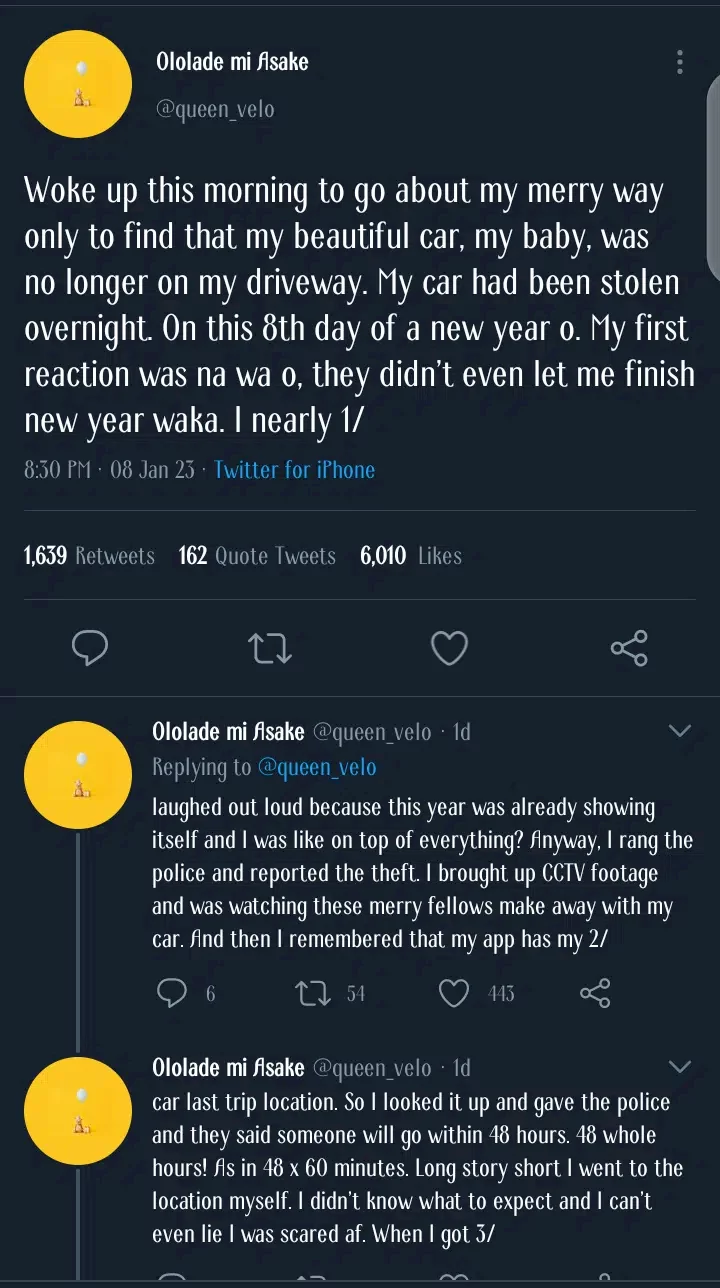 Nigerian lady narrates how she tracked down her stolen car without the help of police