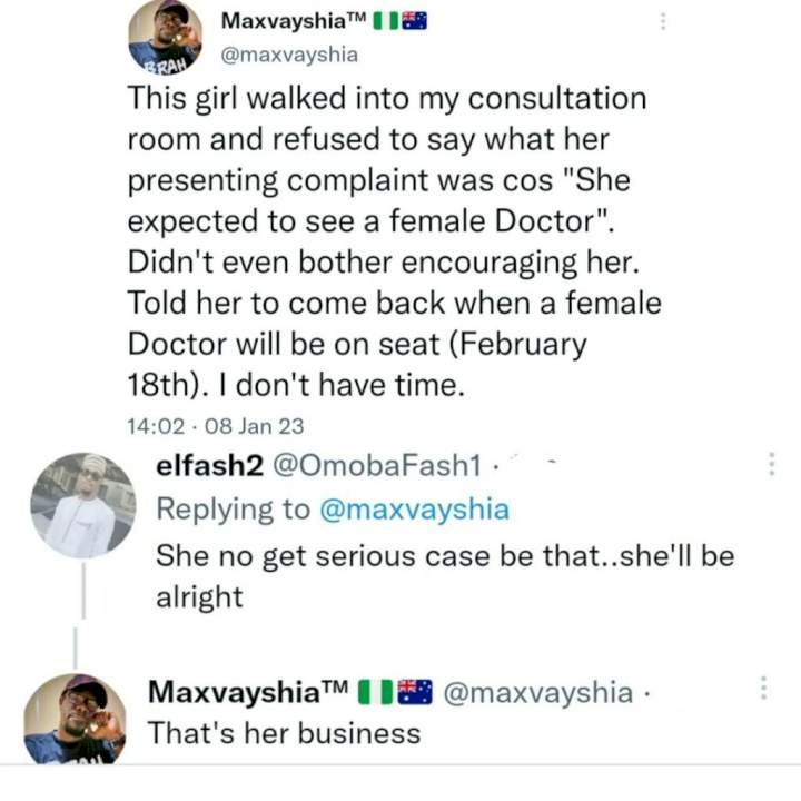 Doctor reveals what he did when a female patient refused to tell him her complaint because she preferred a female doctor