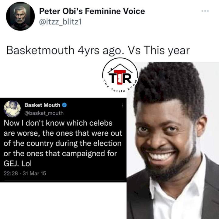 Comedian Basketmouth reacts after he was called out for fixing his UK tour on election day, February 25