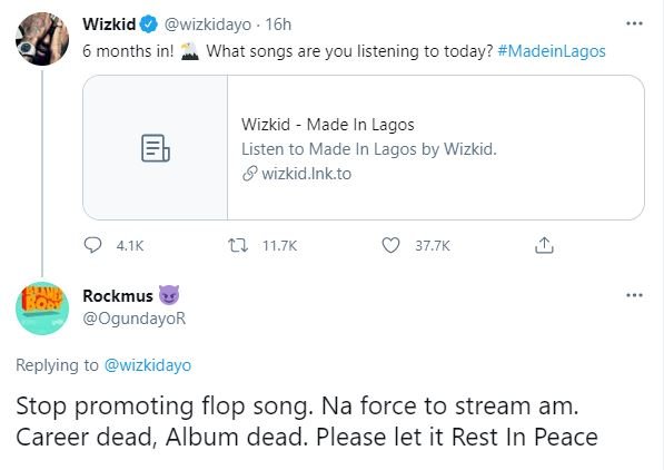 'Career dead, album dead' - Man slams Wizkid for promoting Made In Lagos six months after release
