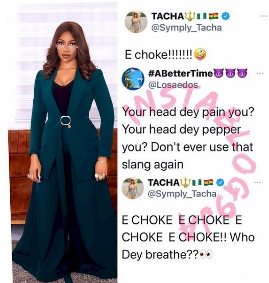Reality star, Tacha and suspected Davido's fan battles it out over 'E Choke' slang