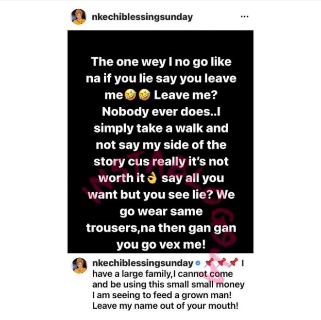 Nkechi Blessing Sunday fires back at her husband, Falegan after he announced end of their relationship