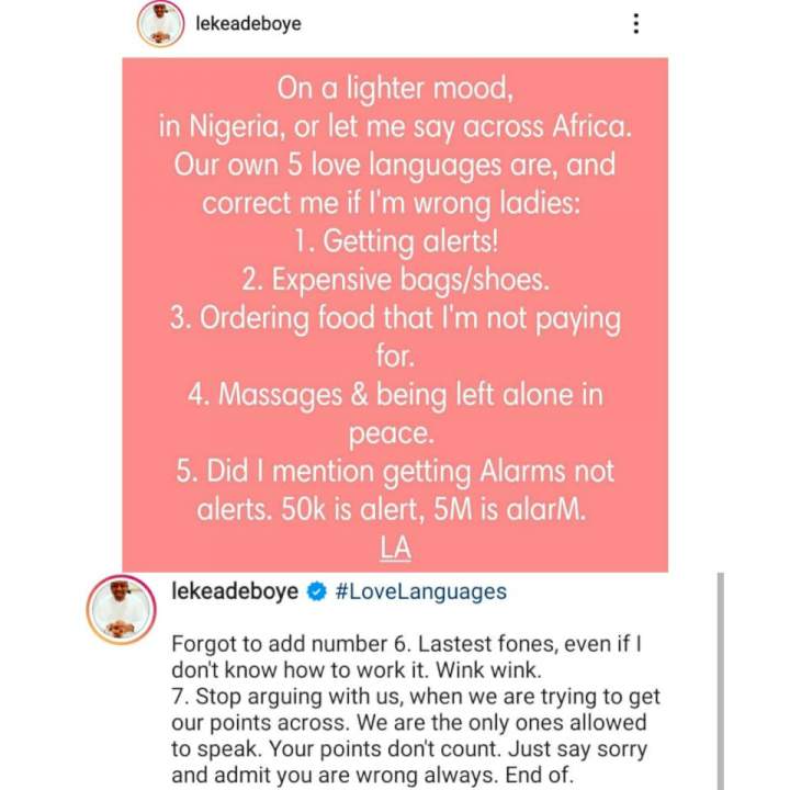 '50k is alert, 5M is alarm' - Leke Adeboye says as he lists some of the love languages of Nigerian ladies