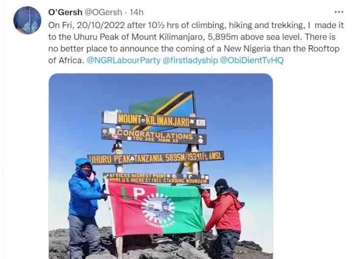 Labour Party supporter climbs to the top of Mount Kilimanjaro to hang the party's flag