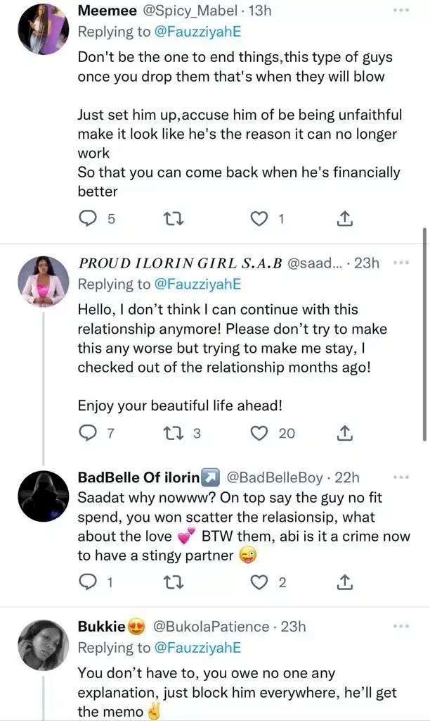 Lady causes stir after seeking advise to breakup with stingy boyfriend