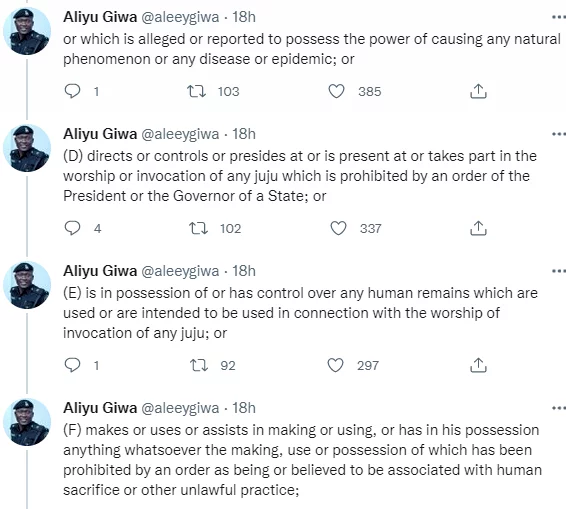 Anyone who represents himself to be a witch or has the power of witchcraft is liable to two years imprisonment - Police officer, Aliyu Giwa, alerts Nigerians