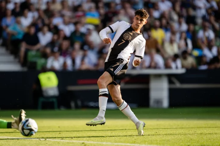 BREMEN, GERMANY - JUNE 12: Kai Havertz of Germany scores his team's second goal during the international friendly between Germany and Ukraine at Wohninvest Weserstadion on June 12, 2023 in Bremen, Germany. (Photo by Helge Prang - GES Sportfoto/Getty Images)