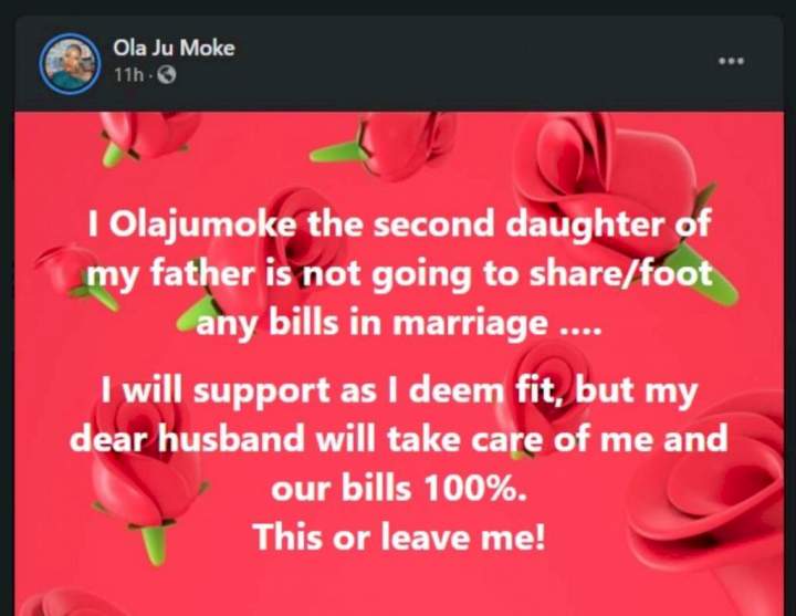 'I will not pay any bills when I'm married; take care of my bills 100% or leave me' - Lady declares