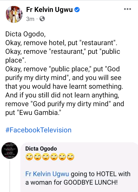 Ask God to purify your dirty mind - Nigerian Catholic priest, Fr. Ugwu replies follower who criticized him for having lunch with a woman in a hotel 