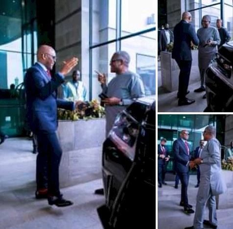 Alikas!  Tony Elumelu greets billionaire businessman Dangote as they meet in Abuja